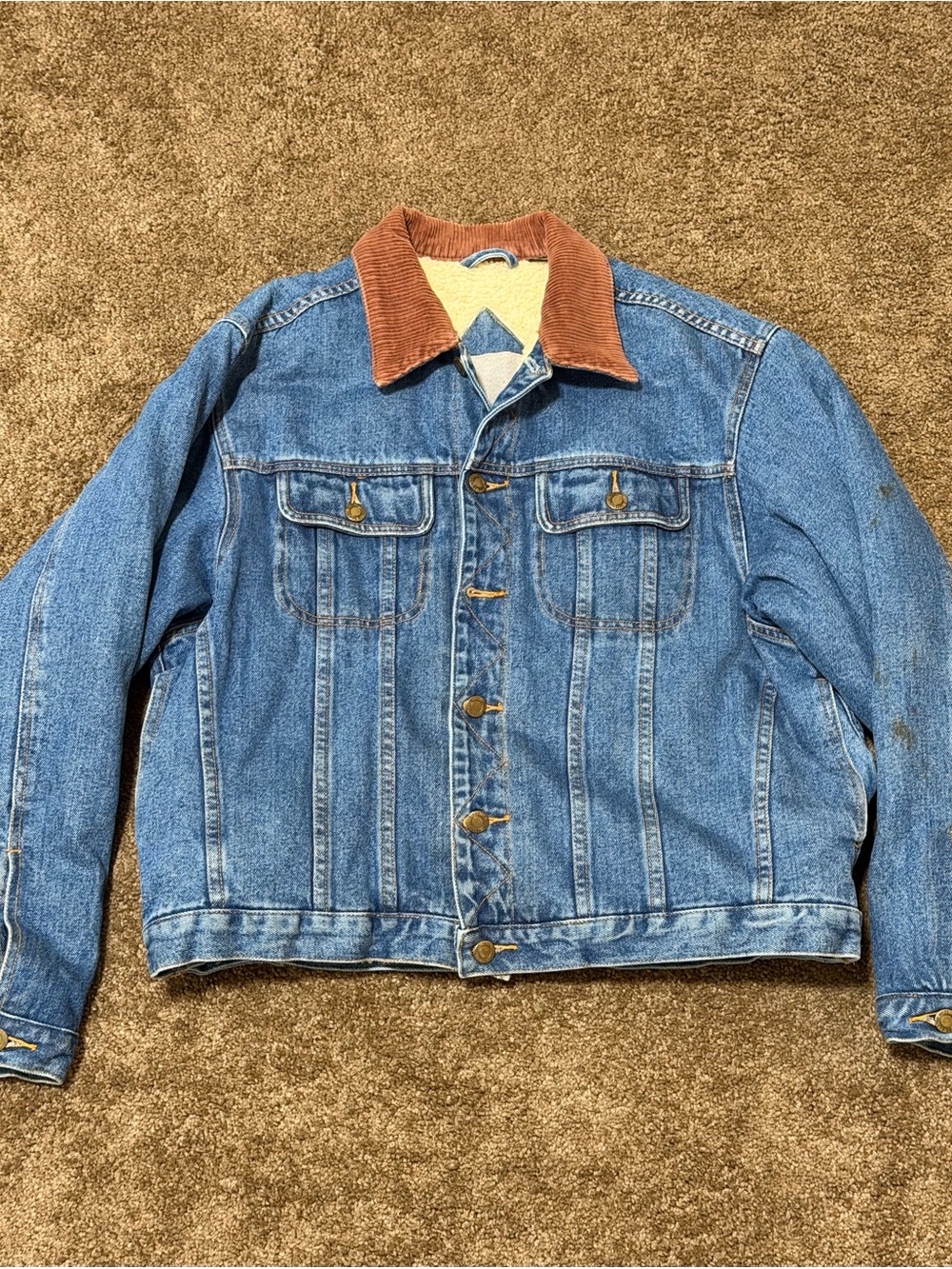 Men's Blue Denim Jacket with Brown Corduroy Collar